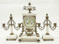 Late 19th Century French clock garniture, alabaster body with applied gilt metal decoration, the