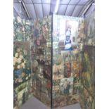 A Victorian tri-fold dressing screen decorated with a decoupage type finish of various cut outs from