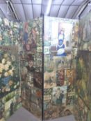 A Victorian tri-fold dressing screen decorated with a decoupage type finish of various cut outs from