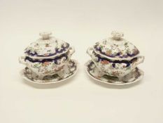 A pair of 19th Century porcelain dessert tureens and stands with a Worcester style jabberwocky