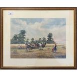 Joe Crowfoot (British, 20th century), A harvest scene with horse and plough, oil on board, signed,