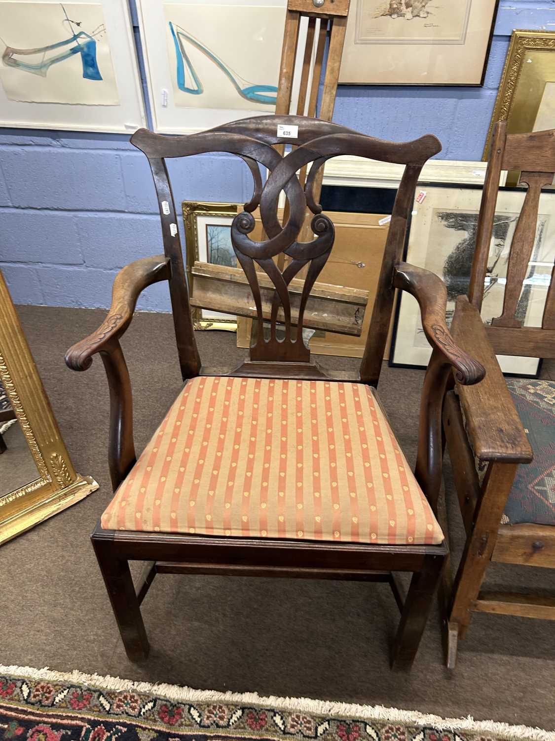 Georgian mahogany armchair with striped upholstered seat