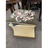 Victorian mahogany based and upholstered box ottoman with concave sides and a tapestry top, 50cm