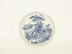 A Lowestoft porcelain saucer with a rare printed tea party design, 13cm diameter