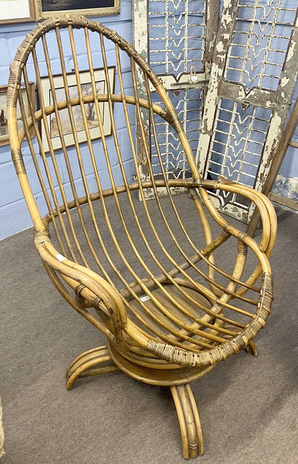 A 1970's bamboo and rattan swivel armchair with retailers' label - Image 2 of 3