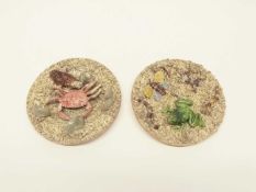 Two Portugese pottery plates decorated in palissy style with frogs, butterflies, lizards, the