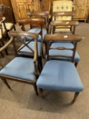 Harlequin set of six various Georgian and Victorian mahogany bar back dining chairs with blue