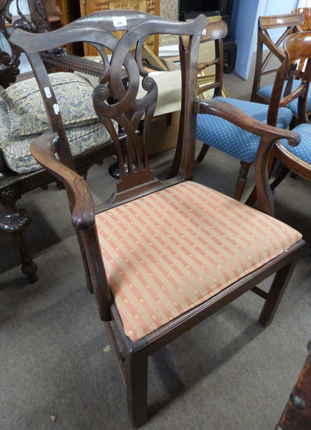 Georgian mahogany armchair with striped upholstered seat - Image 2 of 2