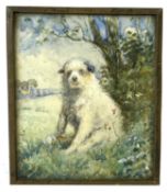 Early 20th Century miniature painting of a terrier dog in its original easel frame
