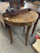 Small reproduction mahogany veneered demi lune hall table, 49cm wide