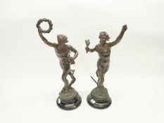 A large pair of Spelter figures on black ebonised bases after J P Germain, Sculpter, one entitled "