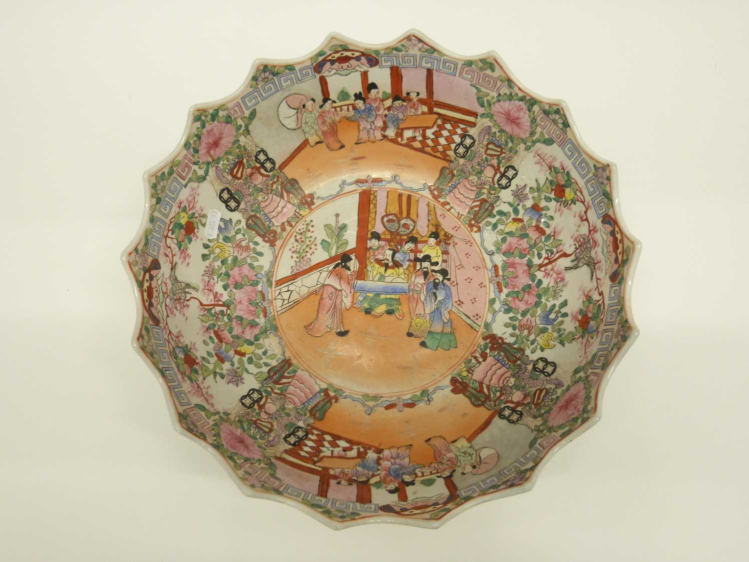 A large 20th Century Chinese porcelain punch bowl with shaped rim decorated with panels of Chinese - Image 2 of 4