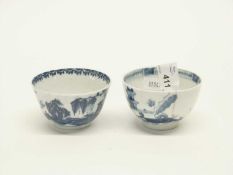 Two Lowestoft tea bowls, one with early everted rim, decorated in dark blue with pagoda and fence