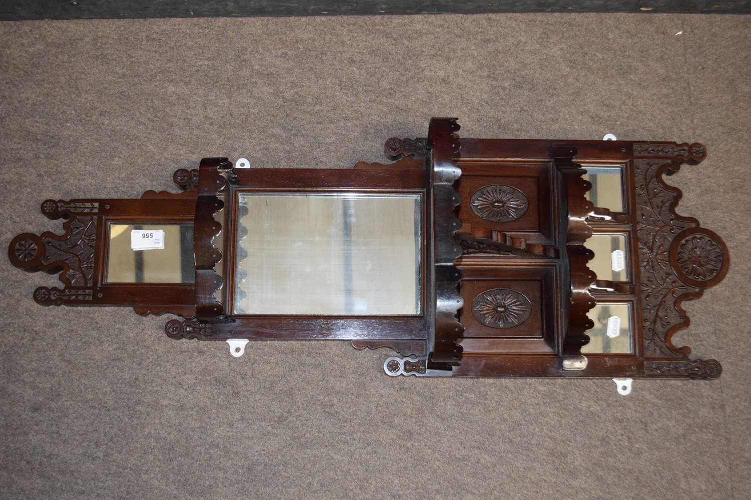 Late Victorian mahogany framed small combination mirrored wall bracket and shelf with floral - Image 2 of 2