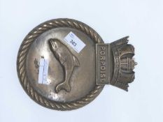 A Naval heavy brass circular plaque entitled "Porpoise", (possibly for HMS Porpoise Submarine), 17cm