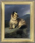 Catherine Augusta Rolfe (British,19th / 20th century), Terrier at rest on a a rocky landscape, oil