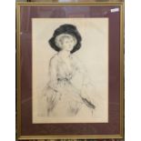 British School, 20th century, portrait of a seated lady, etching with heightened colour,