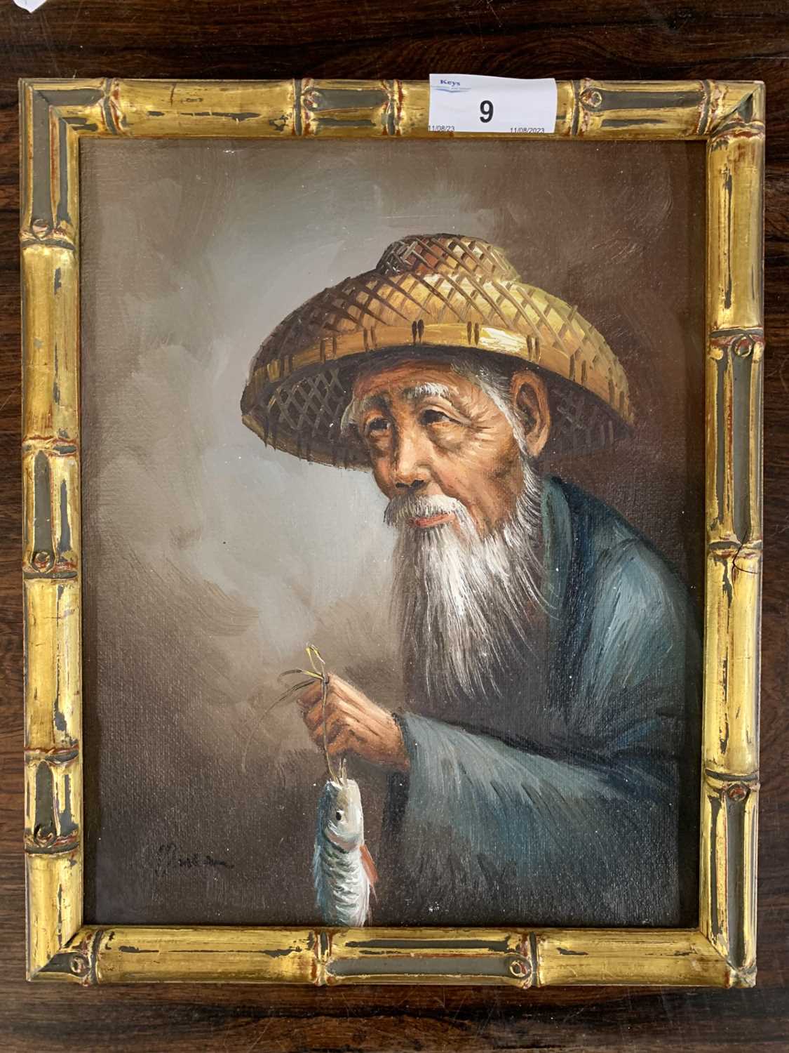 Follower of H.Cheang (Chinese, 20th century), Chinese Fisherman, oil on canvas, signed,19x24cm,