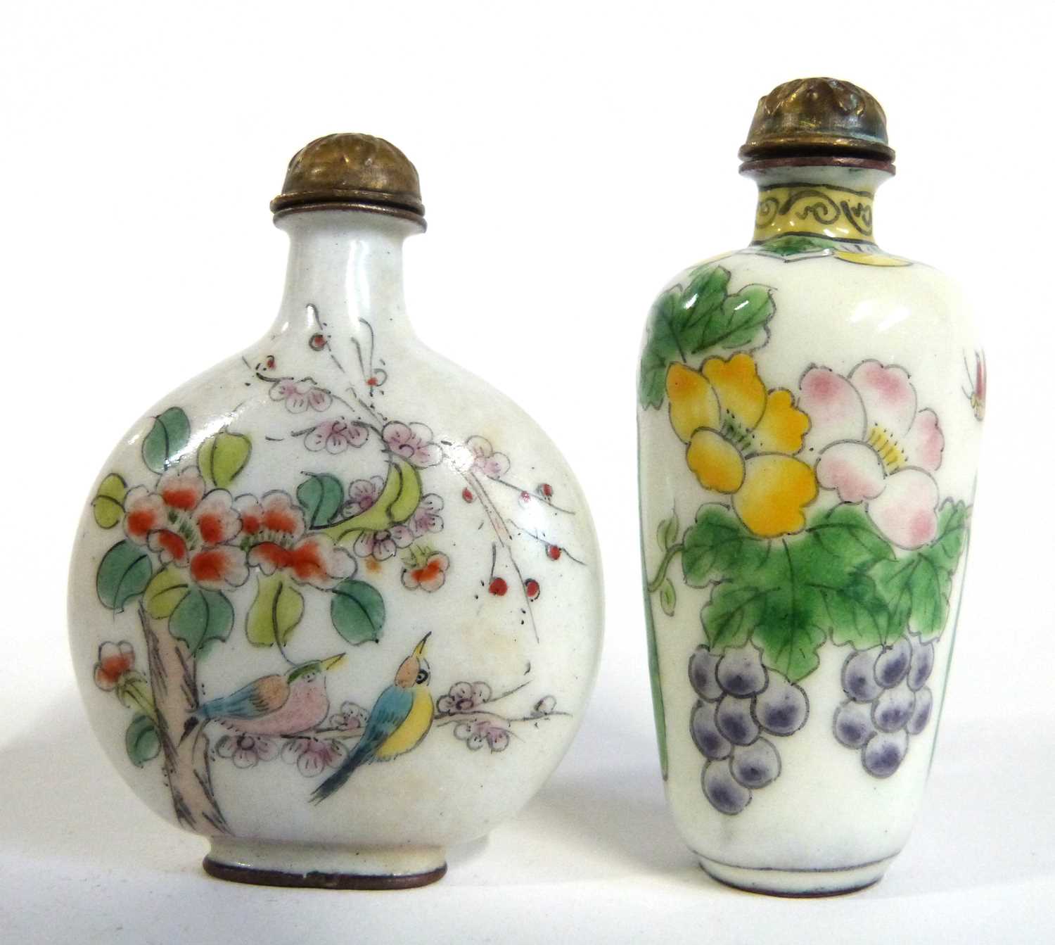 Two Chinese enamel scent bottles with covers, one with painted decoration of flowers and fruit, - Image 3 of 6