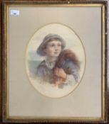 James Drummond RSA (1816-1877), Portrait of a boy with fishing nets, watercolour in oval, signed,