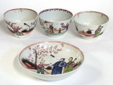 A group of New Hall tea wares decorated with the boy and the bug pattern, comprising three tea bowls