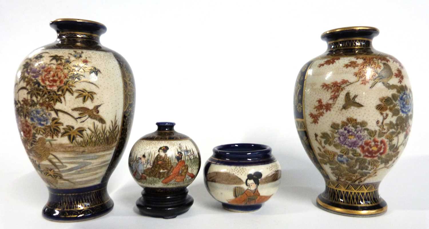 A group of Satsuma ware vases of baluster shape with gilt decoration of birds amongst branches - Image 3 of 8