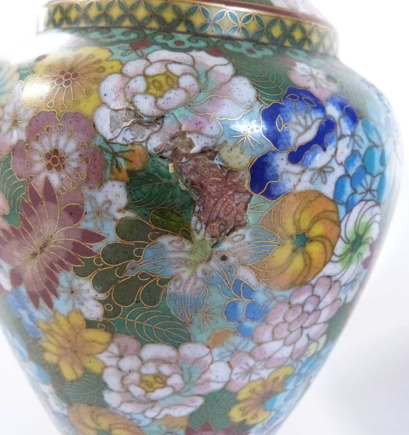 A Cloisonne vase with floral decoration together with a continental earthen ware ewer and cover, the - Image 4 of 6