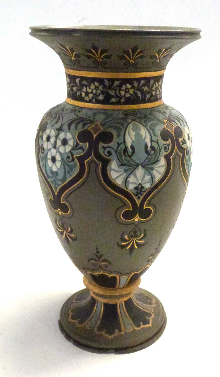 A Doulton Lambeth silicon ware vase, the grey body with geometric design in gilt and blue by Eliza - Image 2 of 4