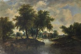 British School, late 19th century, Wooded river landscape, oil on canvas, 50x75cm, unframed