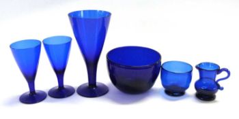 Group of 19th Century Bristol blue glass wares including a small cream jug and bowl together with