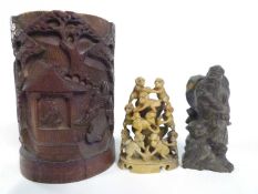 A carved bamboo Chinese brush washer together with a soap stone carving of monkeys and further