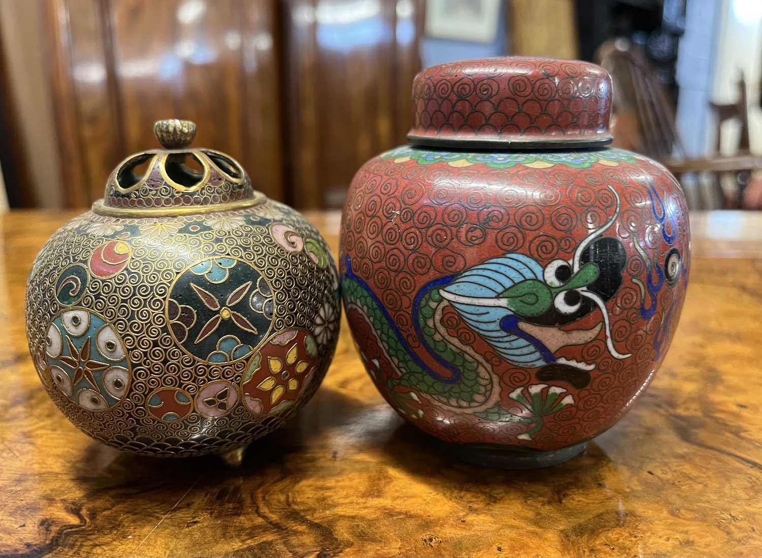 Cloisonne incense burner of globular form with pierced cover together with a small Cloisonne jar and - Image 13 of 13