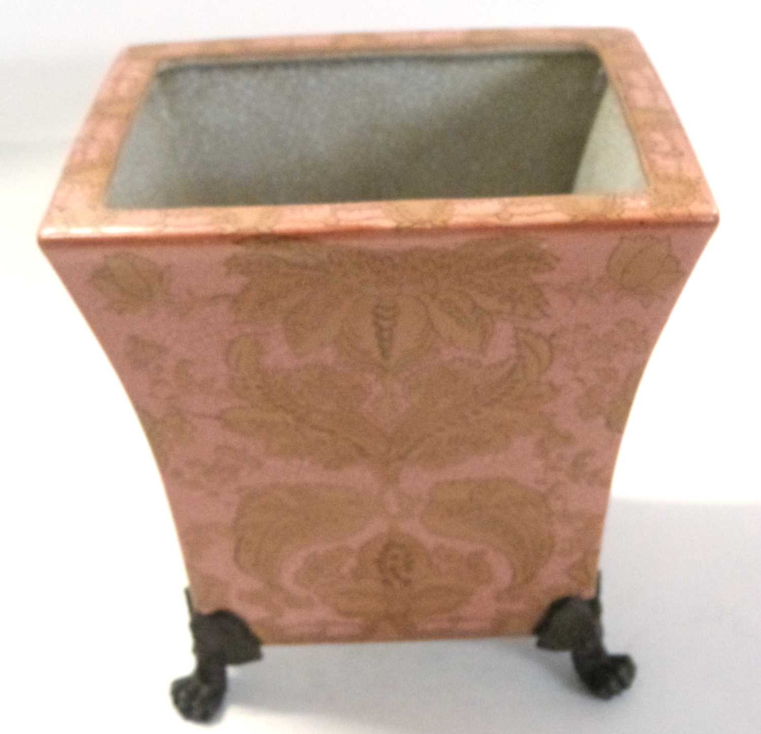 A continental porcelain jardiniere raised on four gilt scroll feet, the pink ground with floral - Image 2 of 4