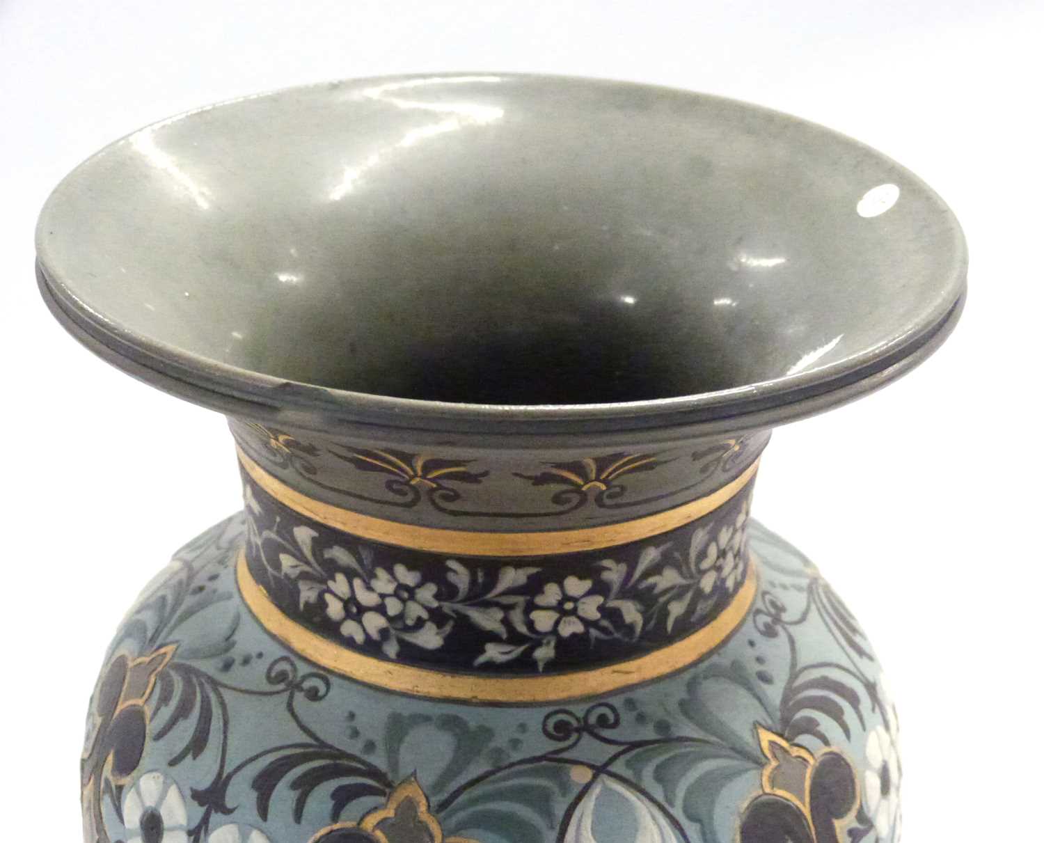 A Doulton Lambeth silicon ware vase, the grey body with geometric design in gilt and blue by Eliza - Image 3 of 4