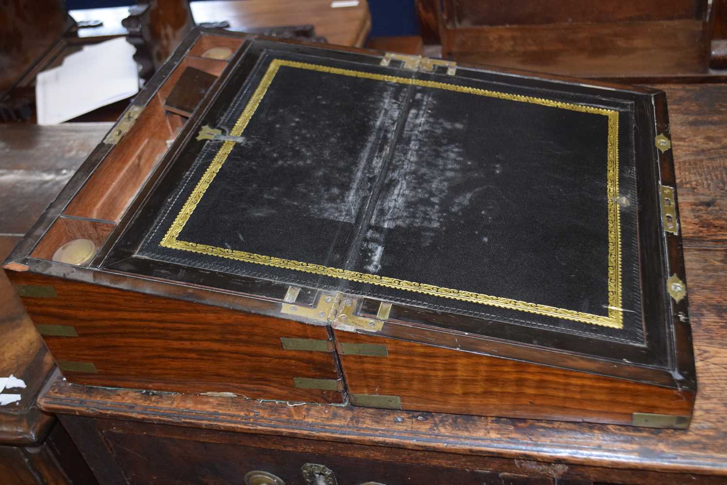 Victorian walnut and brass bound writing box of hinged rectangular form with fitted interior, 40cm - Image 2 of 3