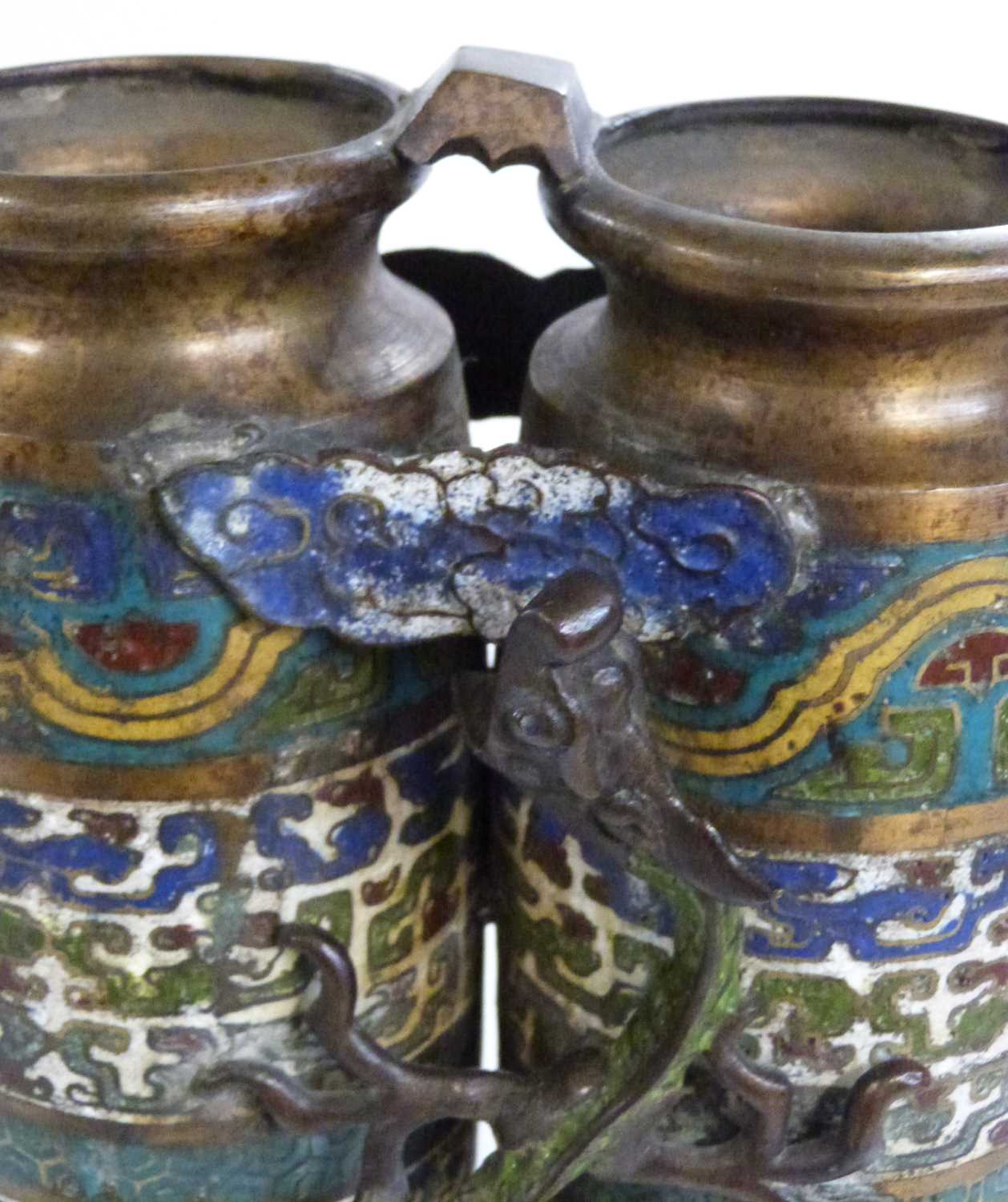 Pair of Chinese metal ware vases decorated in Ming Cloisonne style with banded decoration of - Image 3 of 9