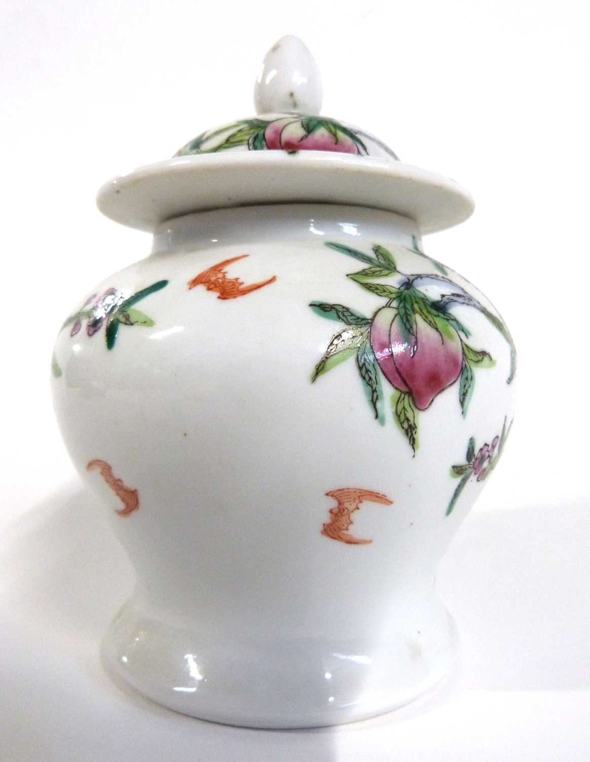 A Chinese porcelain small jar and cover with polychrome decoration of peaches and bats, 14cm high - Image 2 of 7
