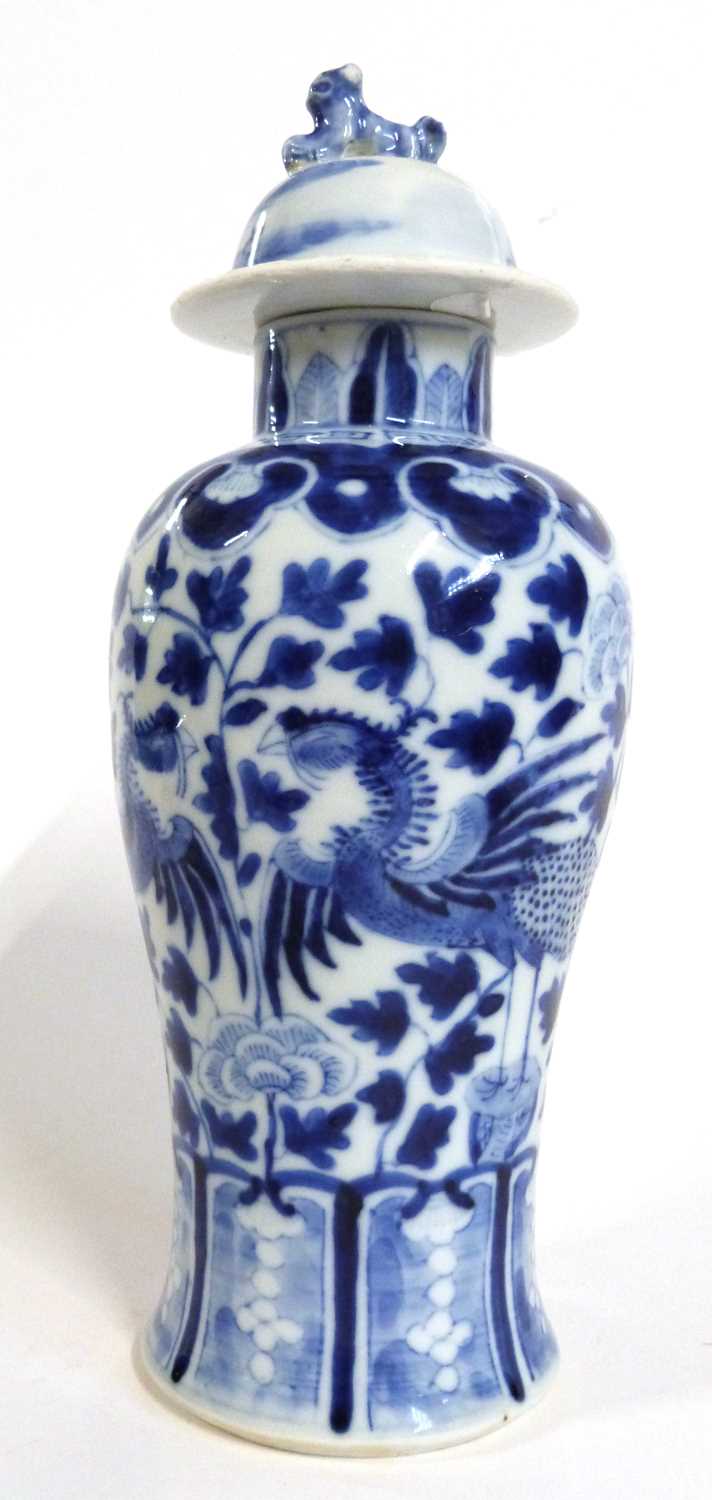 Chinese porcelain vase with blue an white decoration of a phoenix amongst flowers, four character - Image 2 of 8