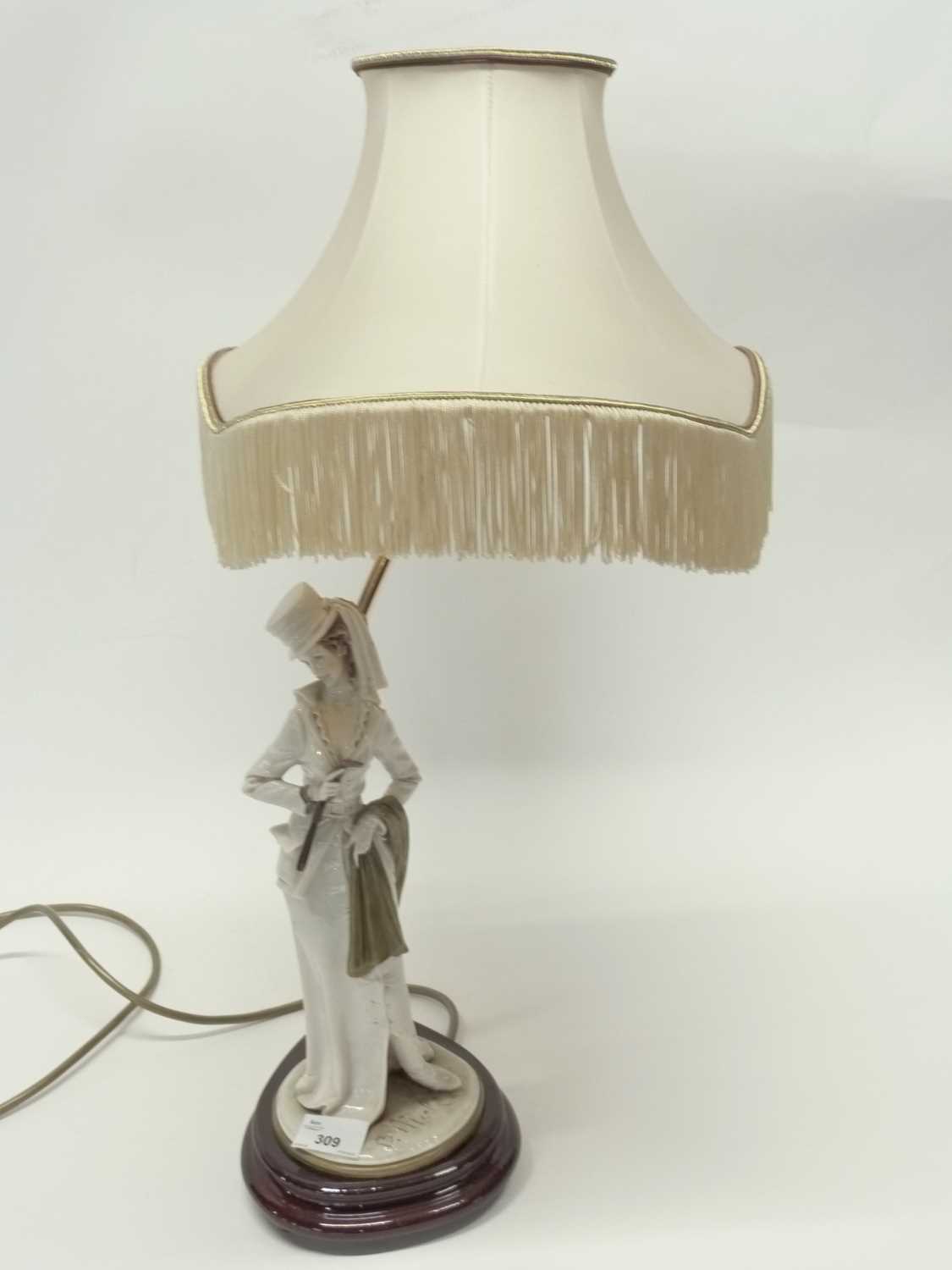 A continental porcelain lamp with a Capodimonte figure, impressed signature for B Merlin, the figure