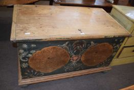A large Eastern European painted pine blanked box of rectangular form, the front decorated with