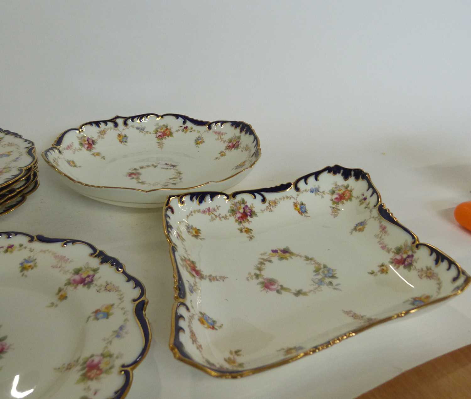 Quantity of Cauldon tea wares, all with printed floral designs within blue scroll borders, - Image 3 of 8