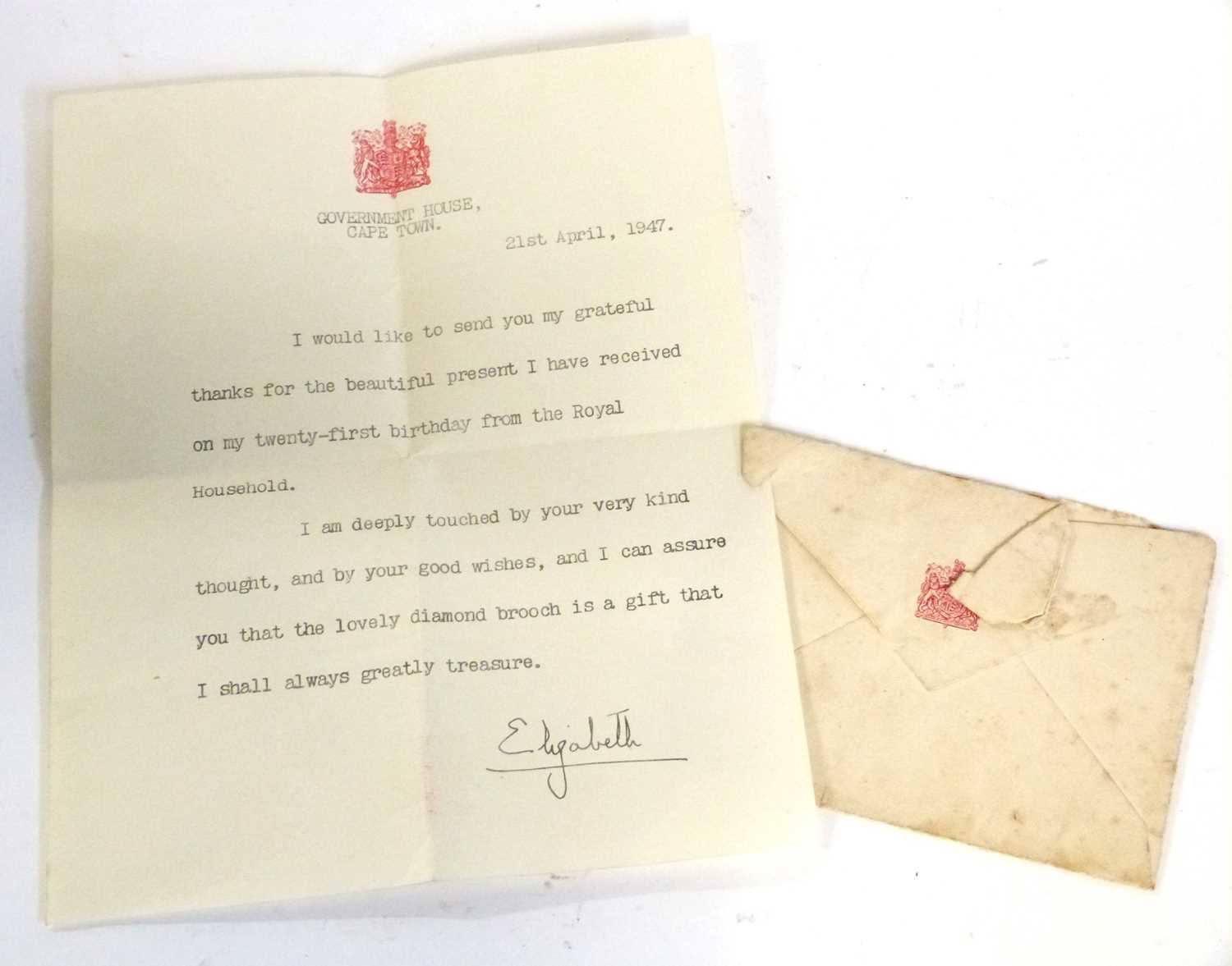 A letter from late Queen Elizabeth II with original envelope addressed to Mr R Humphrey, signed