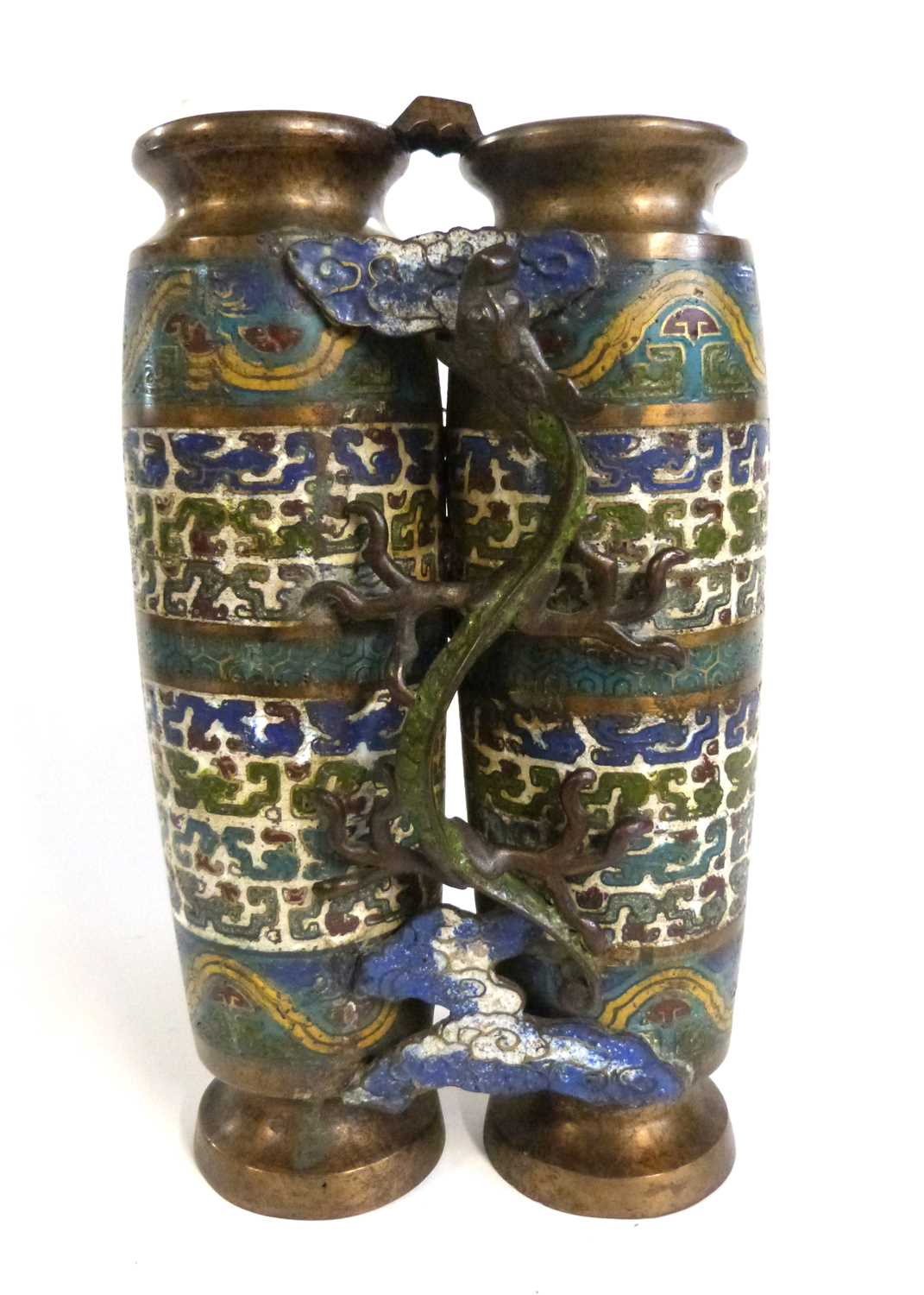 Pair of Chinese metal ware vases decorated in Ming Cloisonne style with banded decoration of - Image 4 of 9