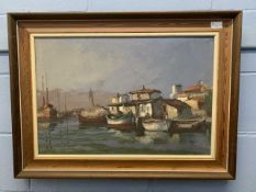 Continental School, 20th century, boats moored along a coastline with a distant lighthouse, oil on