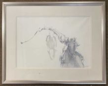 V de Klerk (Contemporary) study of a racehorse and jockey, watercolour, signed and dated 1978,