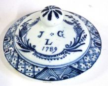 A rare Lowestoft cover with blue and white design and the initials J G with L below and date