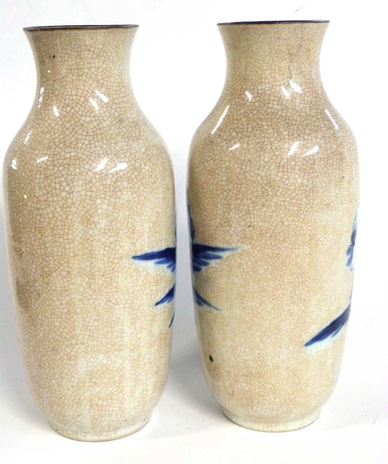 A pair of Chinese porcelain vases, late 19th Century of cylindrical form, the crackle ware ground - Image 3 of 7