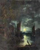 In the manner of Sebastian Pether (British,1790-1844), Moonlight river scene, oil on canvas,