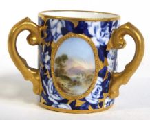 Miniature Coalport tyg with a hand painted landscape scene of lake and mountains, 4cm high