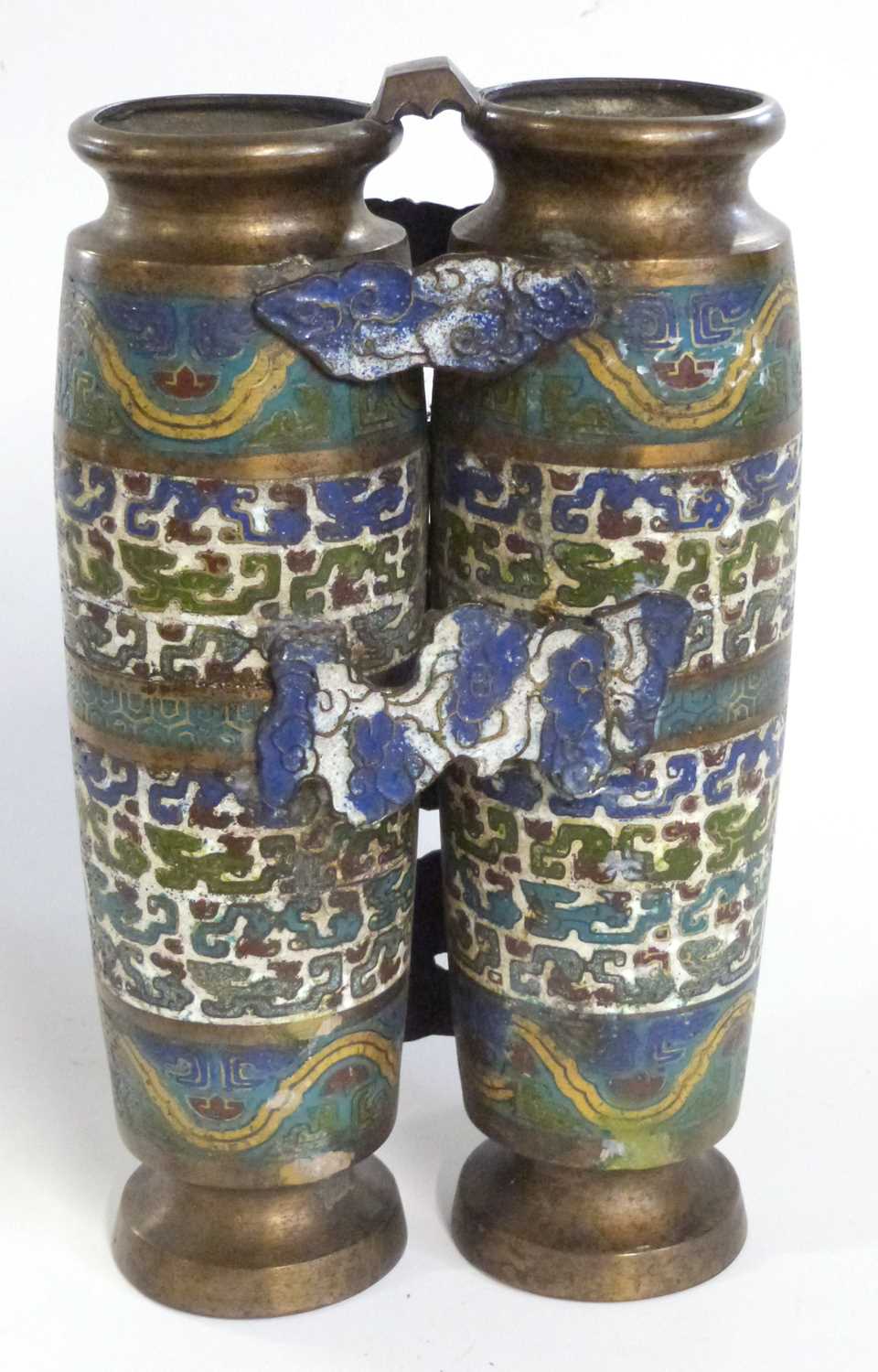 Pair of Chinese metal ware vases decorated in Ming Cloisonne style with banded decoration of - Image 6 of 9